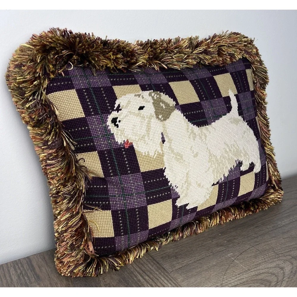 VTG Wool needlepoint Embroidery pillow West Highland White Terrier Dog 15x11